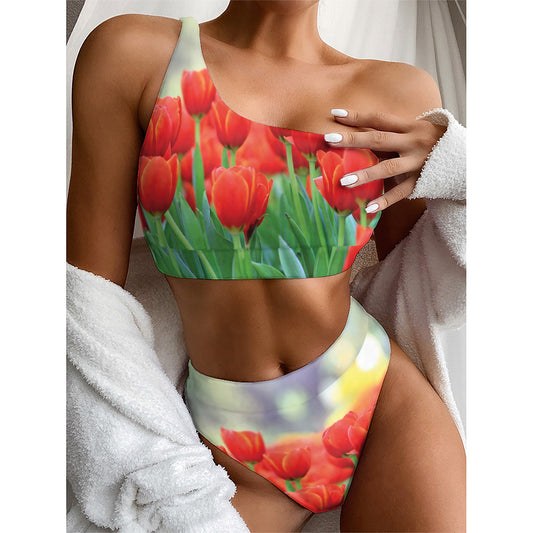 Red Tulip Print One Shoulder Bikini Top