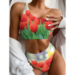 Red Tulip Print One Shoulder Bikini Top