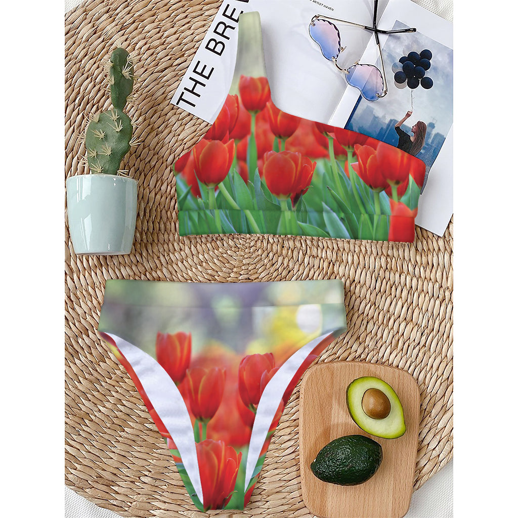 Red Tulip Print One Shoulder Bikini Top