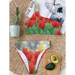 Red Tulip Print One Shoulder Bikini Top