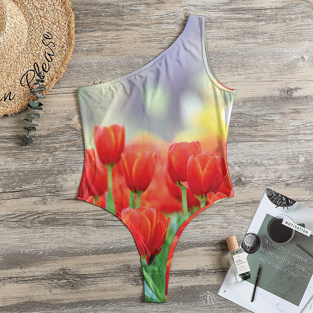 Red Tulip Print One Shoulder Bodysuit