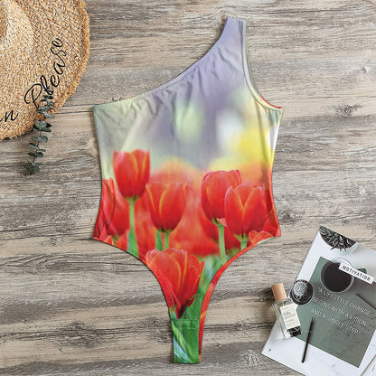 Red Tulip Print One Shoulder Bodysuit