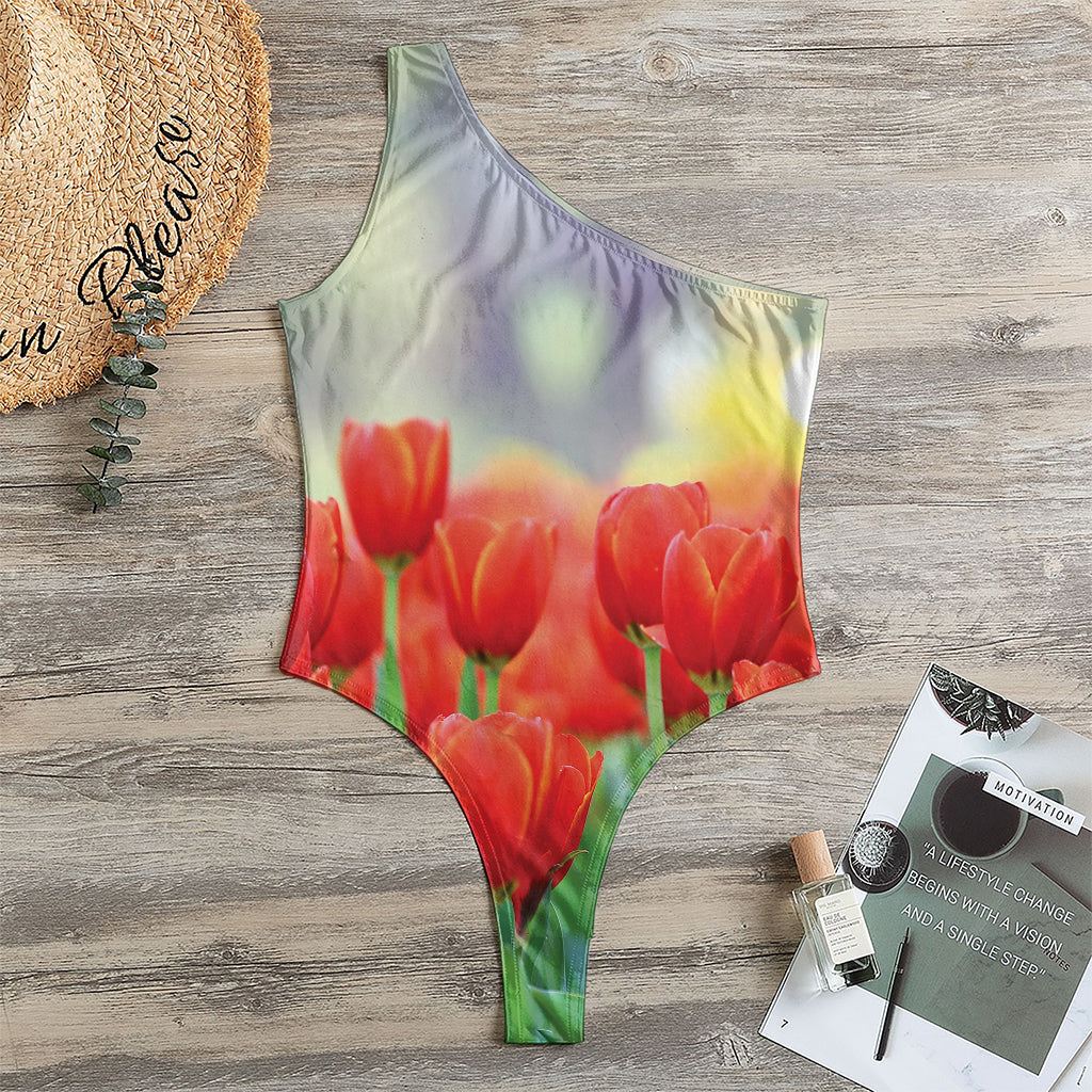 Red Tulip Print One Shoulder Bodysuit