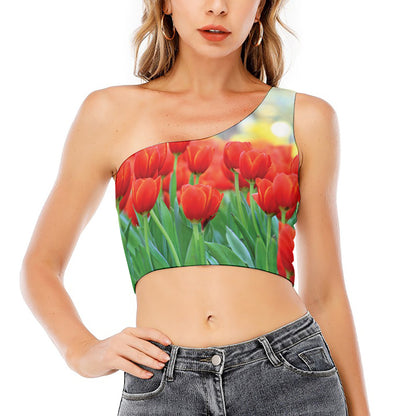 Red Tulip Print One Shoulder Crop Top