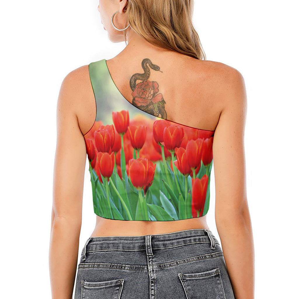 Red Tulip Print One Shoulder Crop Top