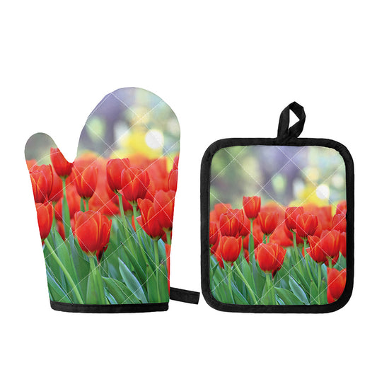 Red Tulip Print Oven Mitt And Pot Holder Set