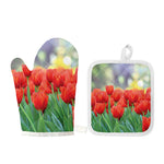 Red Tulip Print Oven Mitt And Pot Holder Set