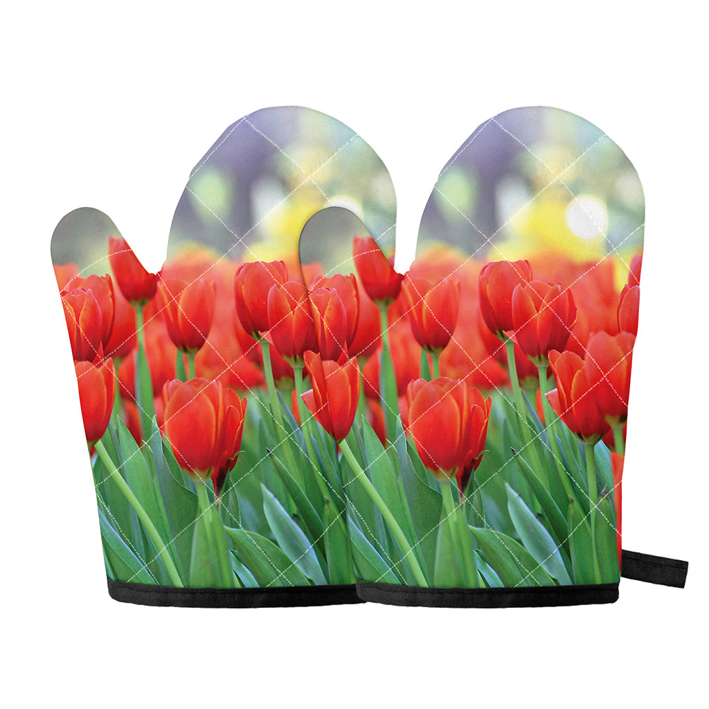Red Tulip Print Oven Mitts