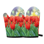 Red Tulip Print Oven Mitts