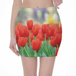 Red Tulip Print Pencil Mini Skirt