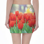 Red Tulip Print Pencil Mini Skirt