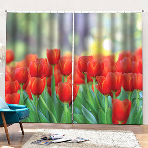 Red Tulip Print Pencil Pleat Curtains