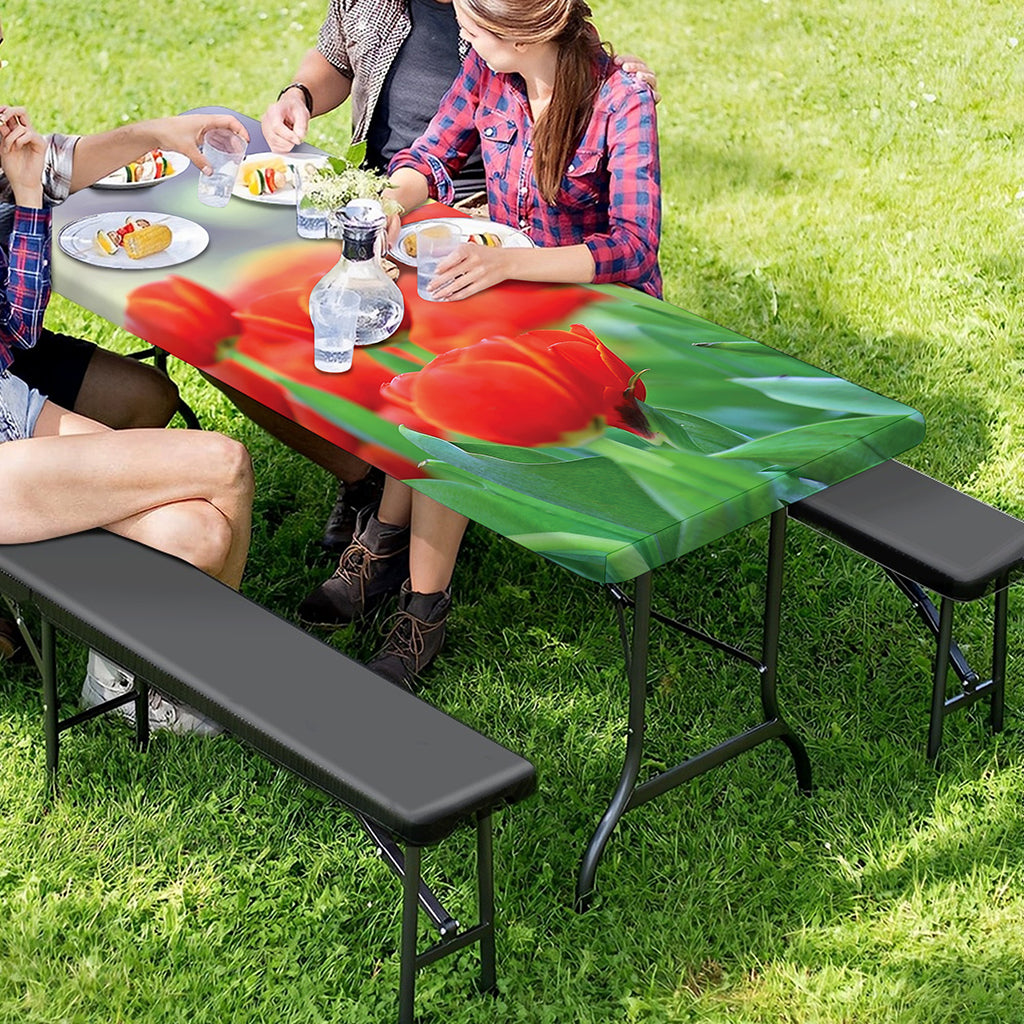 Red Tulip Print Picnic Table Cover