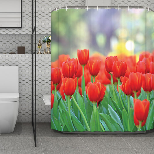 Red Tulip Print Polyester Shower Curtain