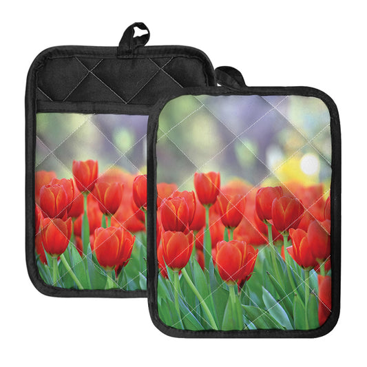 Red Tulip Print Pot Holders With Pocket