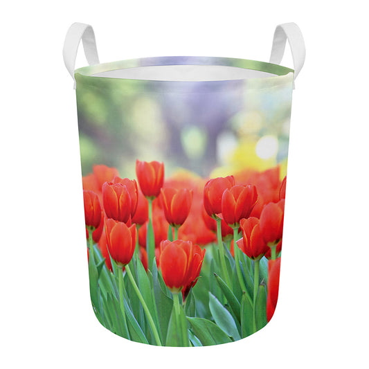 Red Tulip Print Round Laundry Basket