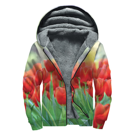Red Tulip Print Sherpa Lined Zip Up Hoodie