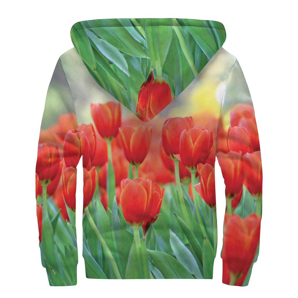 Red Tulip Print Sherpa Lined Zip Up Hoodie