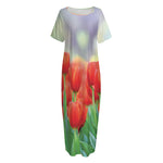 Red Tulip Print Short Sleeve Long Nightdress