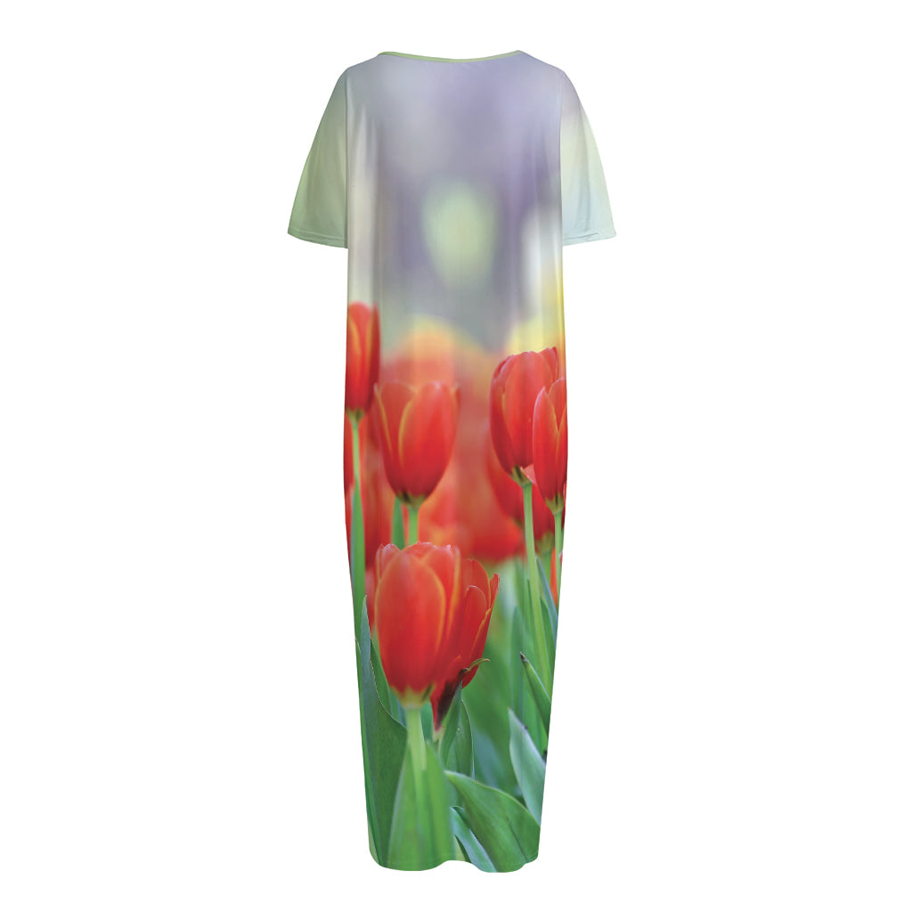 Red Tulip Print Short Sleeve Long Nightdress
