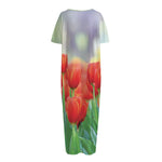 Red Tulip Print Short Sleeve Long Nightdress