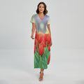 Red Tulip Print Short Sleeve Maxi Dress