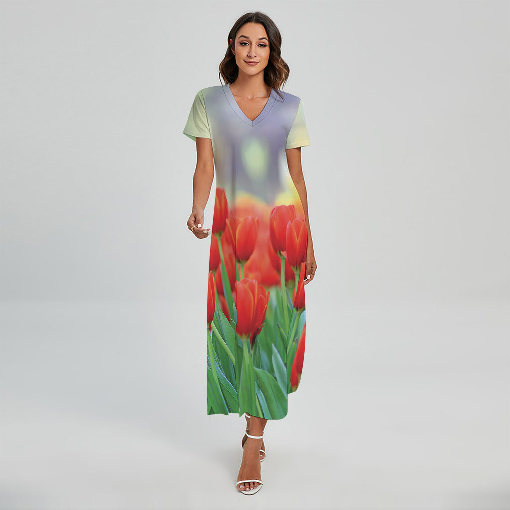 Red Tulip Print Short Sleeve Maxi Dress