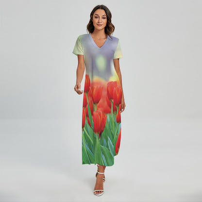 Red Tulip Print Short Sleeve Maxi Dress
