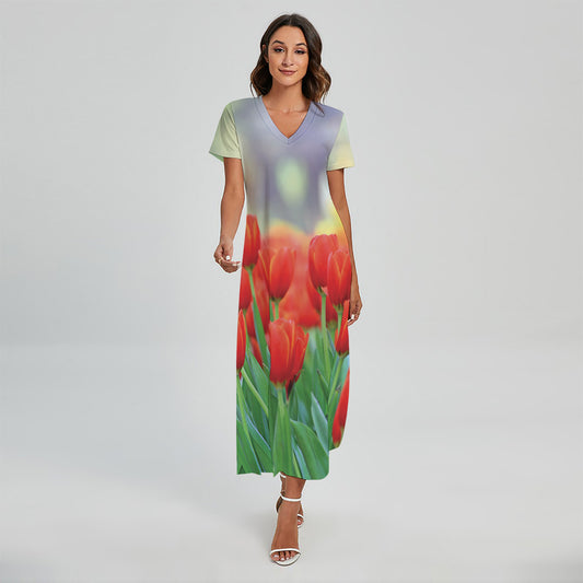Red Tulip Print Short Sleeve Maxi Dress