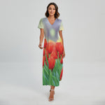 Red Tulip Print Short Sleeve Maxi Dress