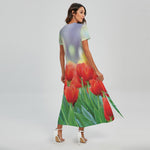 Red Tulip Print Short Sleeve Maxi Dress