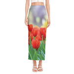 Red Tulip Print Side Slit Maxi Skirt