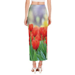 Red Tulip Print Side Slit Maxi Skirt