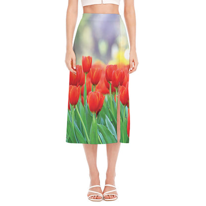 Red Tulip Print Side Slit Midi Skirt