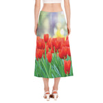 Red Tulip Print Side Slit Midi Skirt