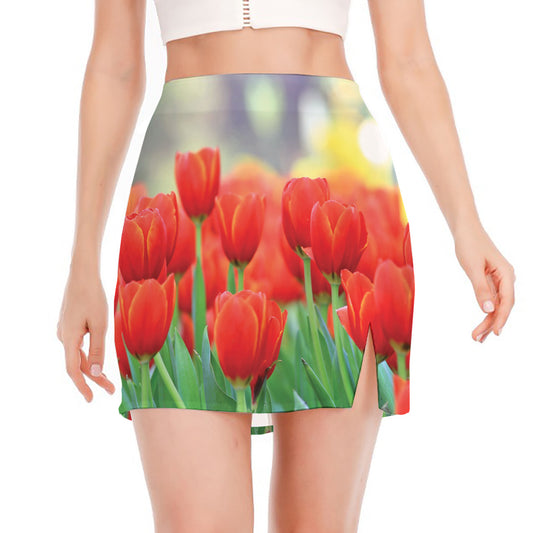 Red Tulip Print Side Slit Mini Skirt