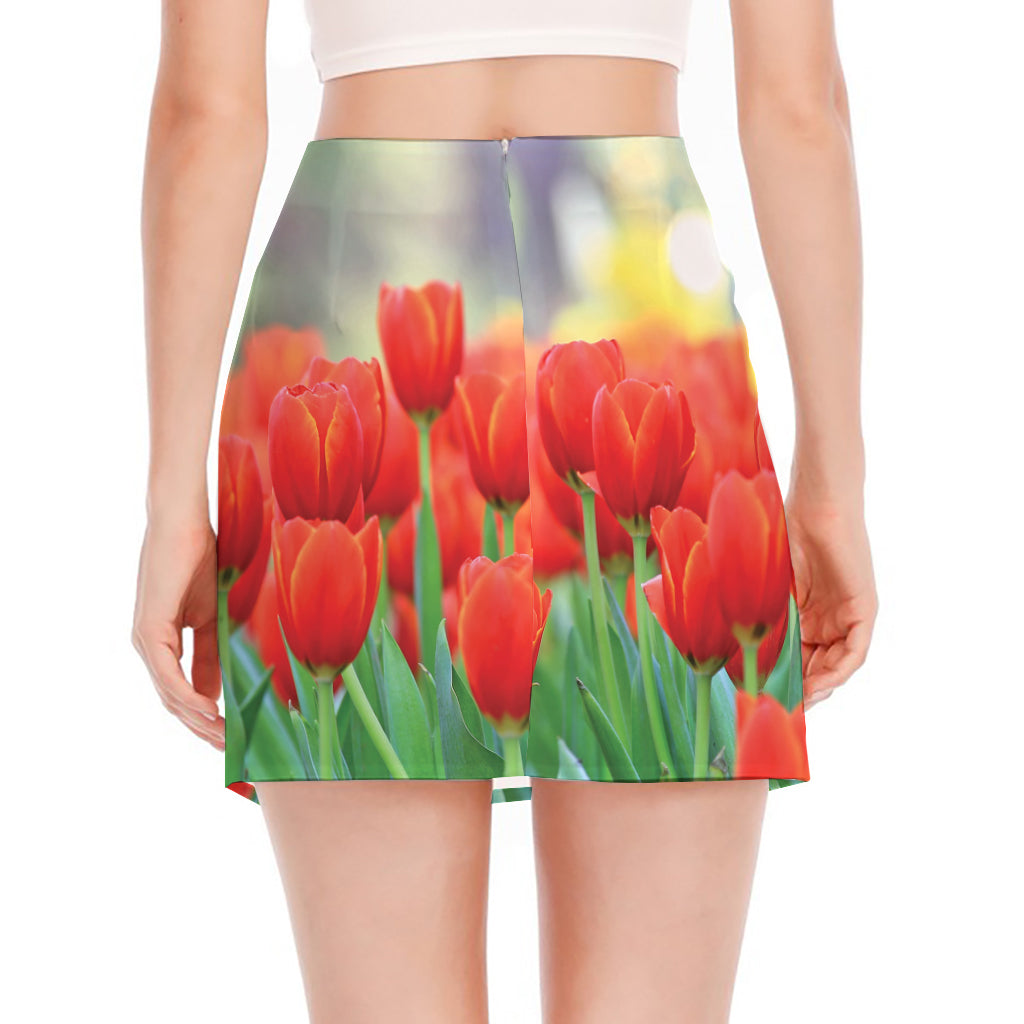 Red Tulip Print Side Slit Mini Skirt