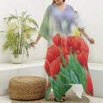 Red Tulip Print Silk V-Neck Kaftan Dress