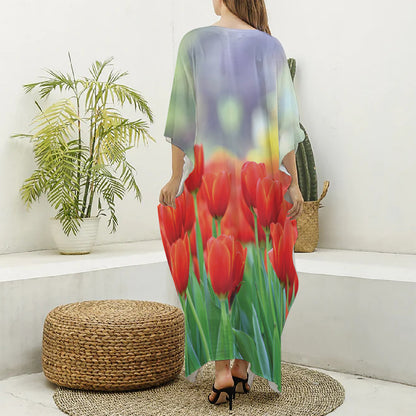 Red Tulip Print Silk V-Neck Kaftan Dress