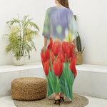 Red Tulip Print Silk V-Neck Kaftan Dress