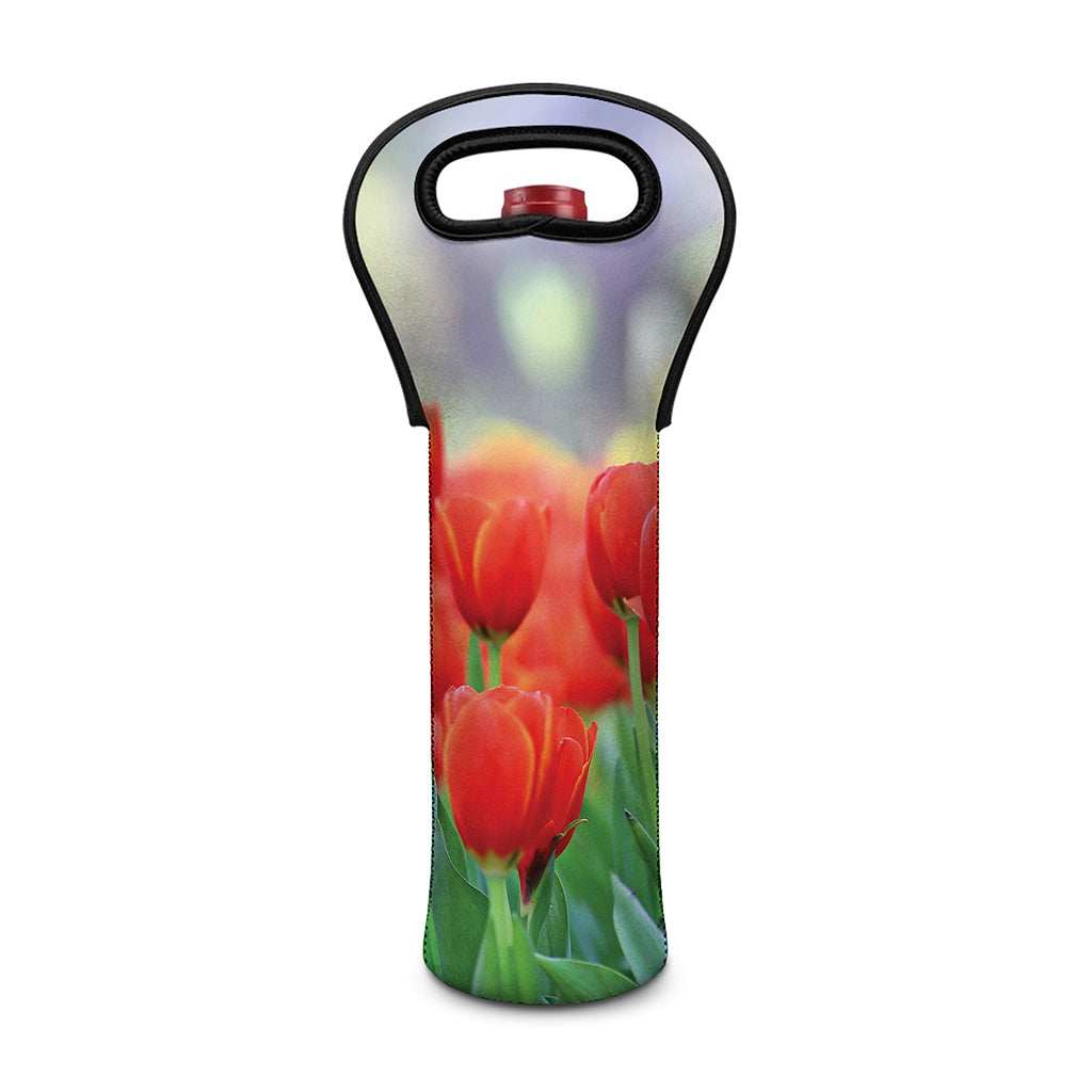 Red Tulip Print Single Neoprene Wine Tote