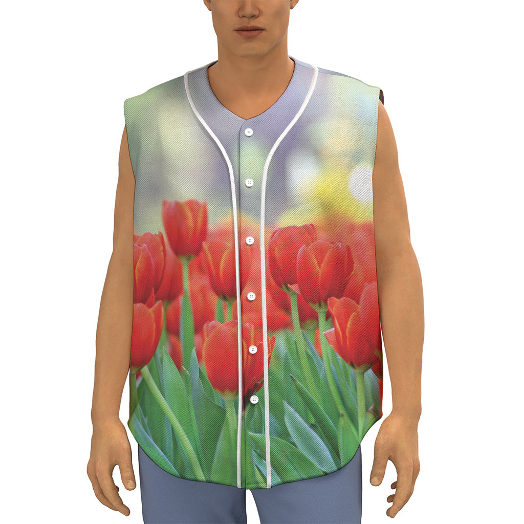 Red Tulip Print Sleeveless Baseball Jersey