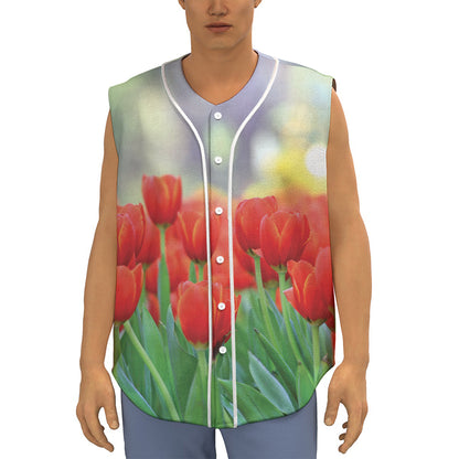 Red Tulip Print Sleeveless Baseball Jersey