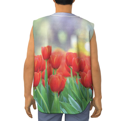 Red Tulip Print Sleeveless Baseball Jersey