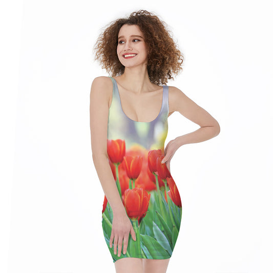 Red Tulip Print Sleeveless Bodycon Dress