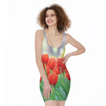 Red Tulip Print Sleeveless Bodycon Dress