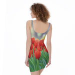Red Tulip Print Sleeveless Bodycon Dress