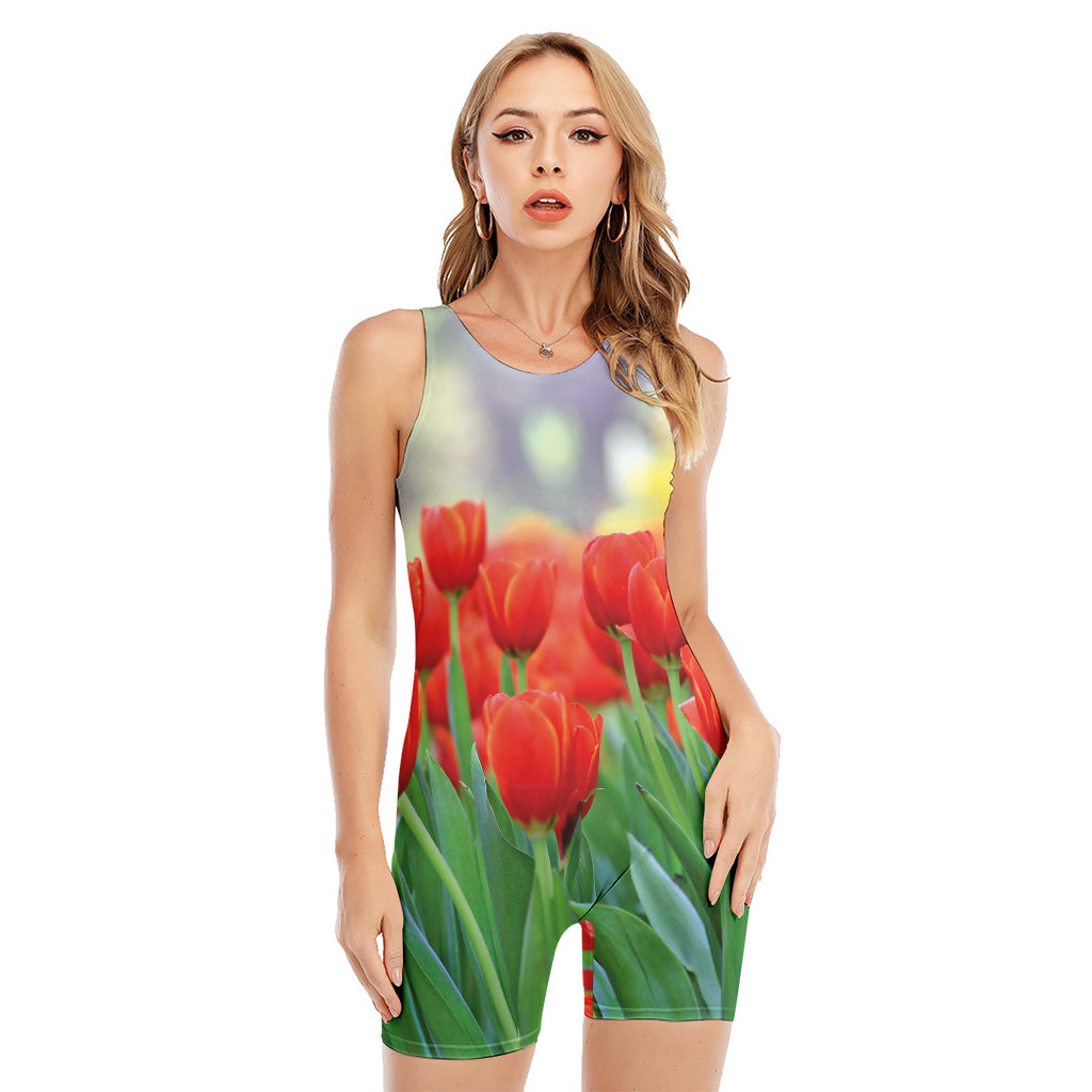 Red Tulip Print Sleeveless One Piece Swimsuit