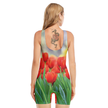 Red Tulip Print Sleeveless One Piece Swimsuit