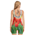 Red Tulip Print Sleeveless One Piece Swimsuit